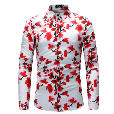 Мъжка риза в бял цвят с флорални мотиви