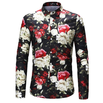 Мъжка риза с флорални мотиви в черен цвят