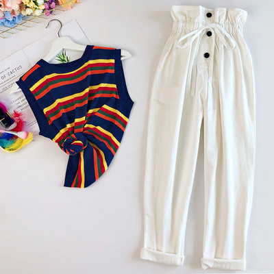 Pantaloni eleganti de dama cu talie elastica inalta in culoarea alba