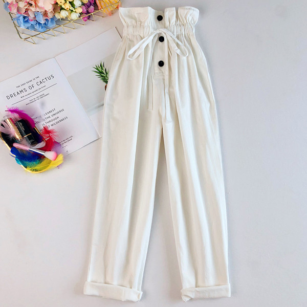 Pantaloni eleganti de dama cu talie elastica inalta in culoarea alba