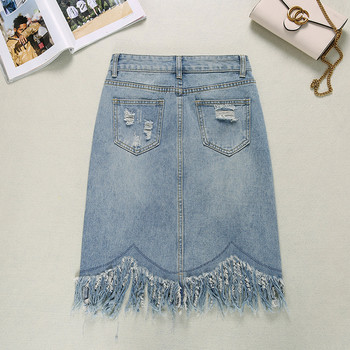 Γυναικεία φούστα denim σε ανοιχτόχρωμο χρώμα με περιθώρια