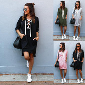 Спортно-ежедневна дамска рокля с елемент - връзки в няколко цвята