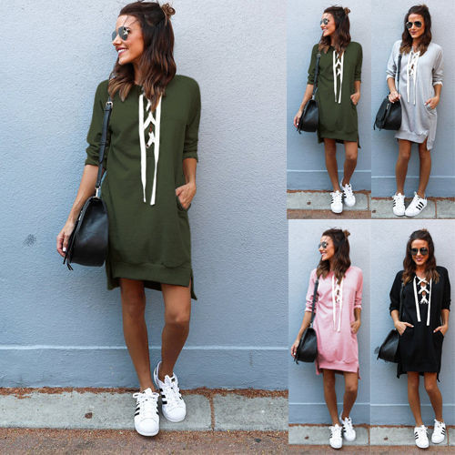 Спортно-ежедневна дамска рокля с елемент - връзки в няколко цвята 