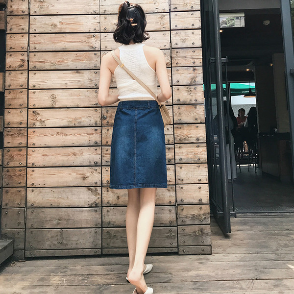 Fusta de dama din denim cu talie inalta de culoare inchisa