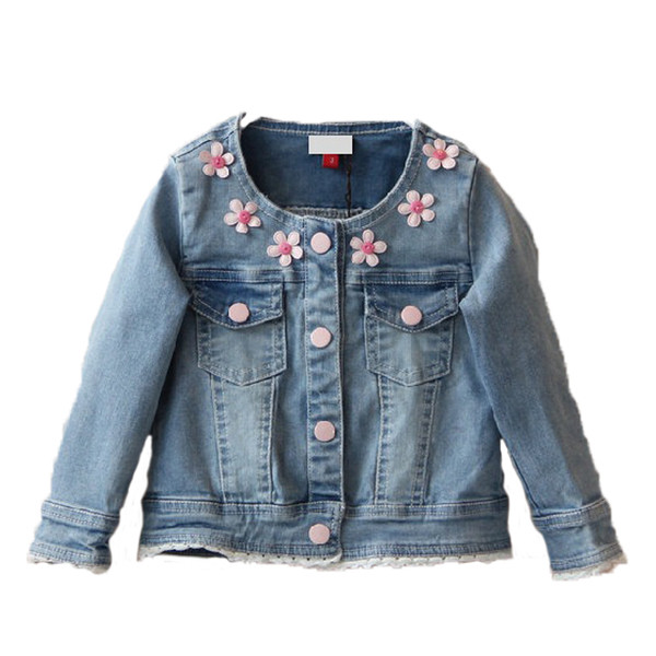 Παιδικό  τζιν μπουφάν για κορίτσια με 3D floral διακόσμηση και σε σχήμα O γιακά