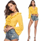 Cămașă modernă de damă scurtă, cu decolteu în V, de culoare galbenă