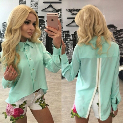 Стилна дамска риза асиметричен модел с елемент -цип на гърба в няколко цвята 