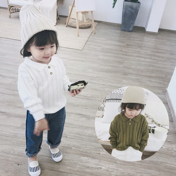 Детски пуловер за момиче с яка и копчета в два цвята