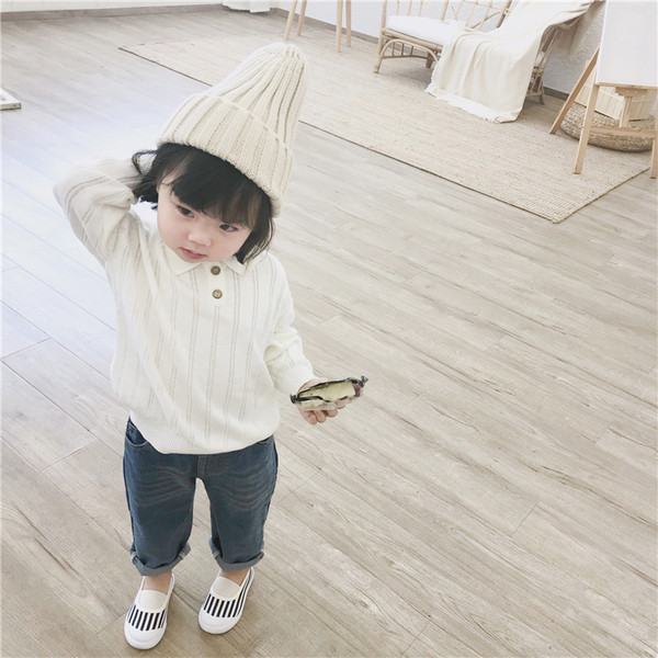 Детски пуловер за момиче с яка и копчета в два цвята