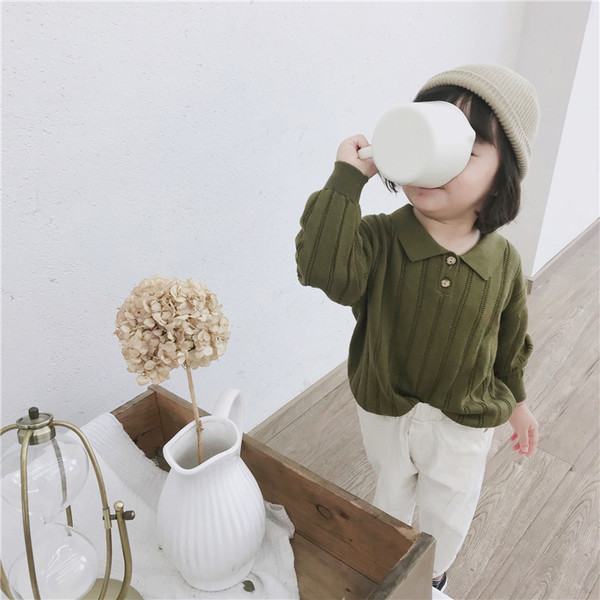 Детски пуловер за момиче с яка и копчета в два цвята