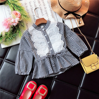 Bluza pentru copii in carouri cu dantela si cravate in negru si rosu