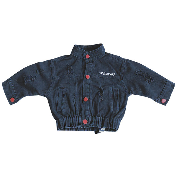 Jachetă de blugi pentru copii de culoare neagră cu inscripție și petice