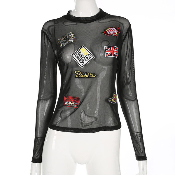 Bluză de damă elegantă din plasă, cu un element de petice colorate