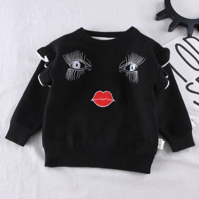 Модерен детски пуловер за момиче с апликация в черен цвят