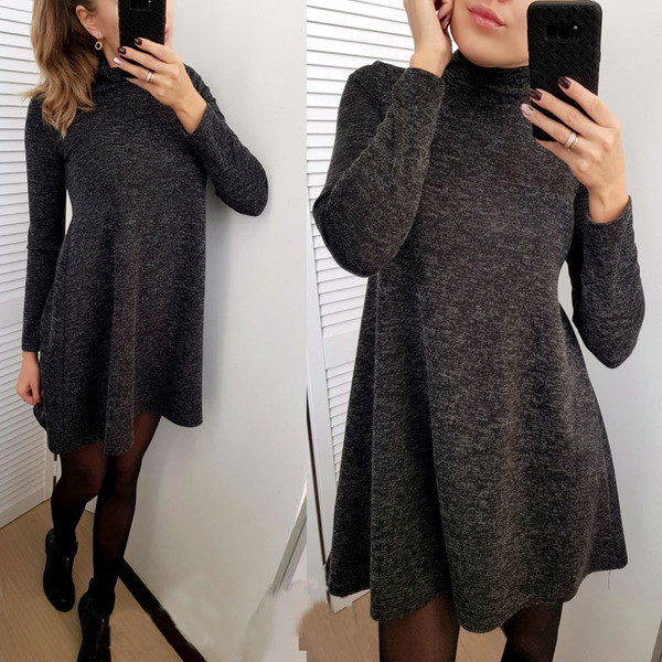 Ежедневна дамска рокля с дълъг ръкав и  висока яка в няколко цвята 