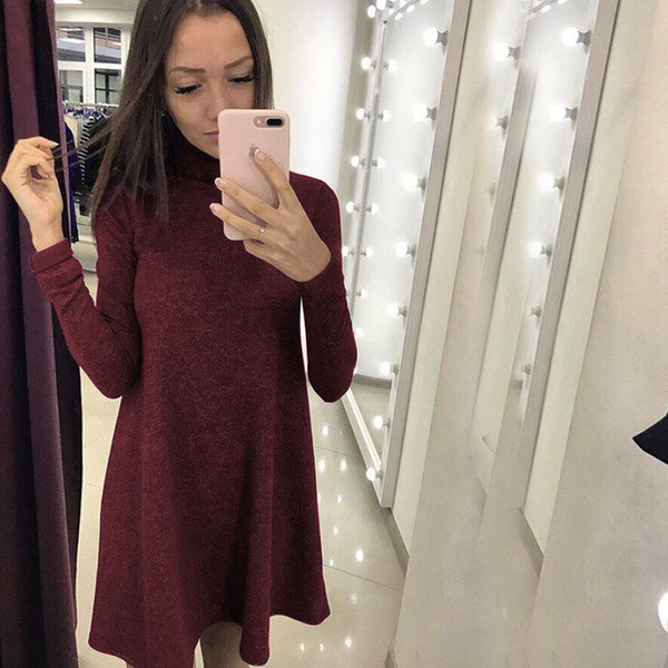 Ежедневна дамска рокля с дълъг ръкав и  висока яка в няколко цвята 