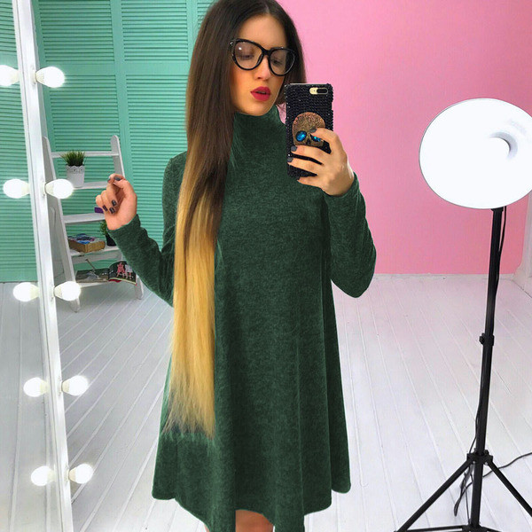 Ежедневна дамска рокля с дълъг ръкав и  висока яка в няколко цвята 