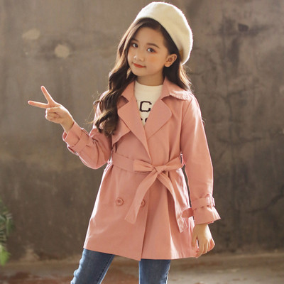 Модерно детско палто с V-образна яка и колан в два  цвята 
