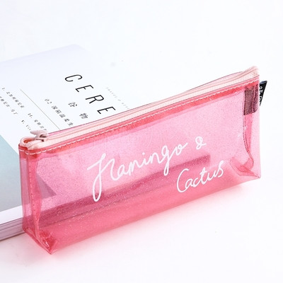 Прозрачен несесер за моливи с надпис в четири цвята