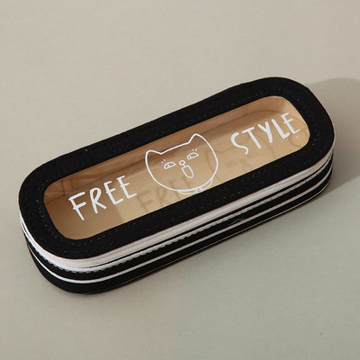 Несесер за моливи в четири цвята с прозрачни елементи и апликация