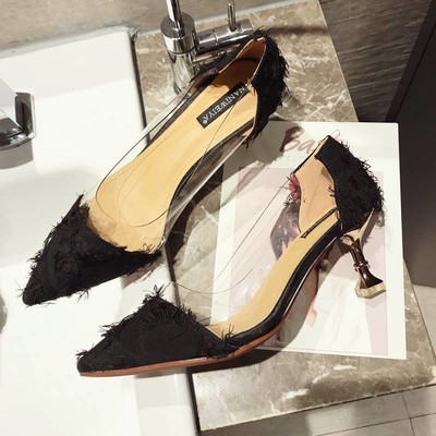 Дамски обувки на висок ток с прозрачни мотиви в няколко цвята