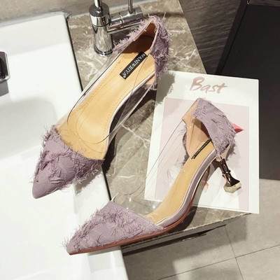 Дамски обувки на висок ток с прозрачни мотиви в няколко цвята