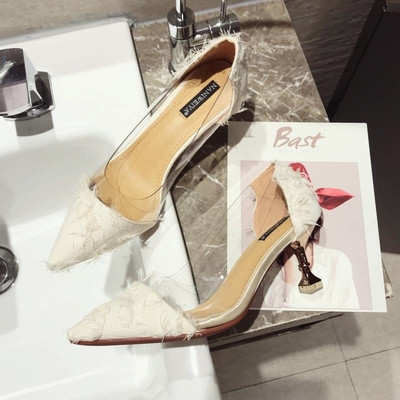 Дамски обувки на висок ток с прозрачни мотиви в няколко цвята