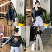 Geaca de dama din piele ecologica cu broderie in negru