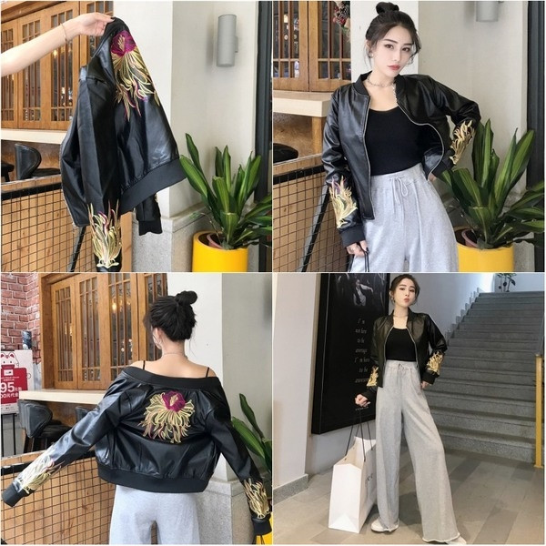 Geaca de dama din piele ecologica cu broderie in negru