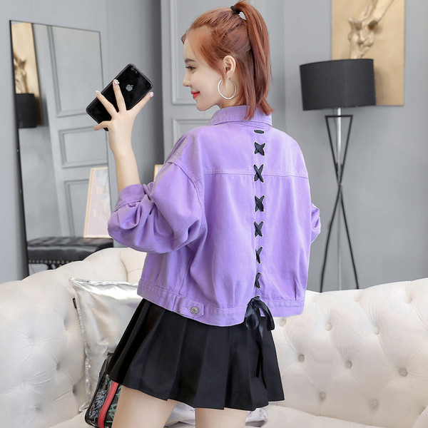 Дамско дънково яке с кръстосани връзки в три цвята