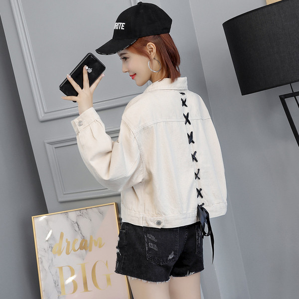 Дамско дънково яке с кръстосани връзки в три цвята