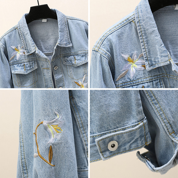 Дамско дънково яке с флорална бродерия