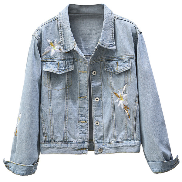 Дамско дънково яке с флорална бродерия