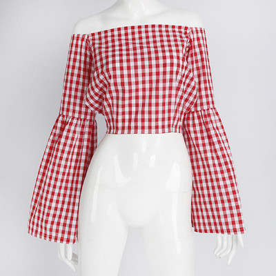 Модерна дамска карирана риза къс модел с лотос ръкав и гол гръб