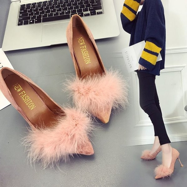 Pantofi de dama in trei culori cu puf