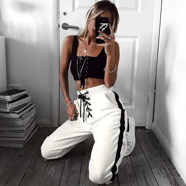 Pantaloni de damă sport-eleganți cu talie înaltă și element-legături