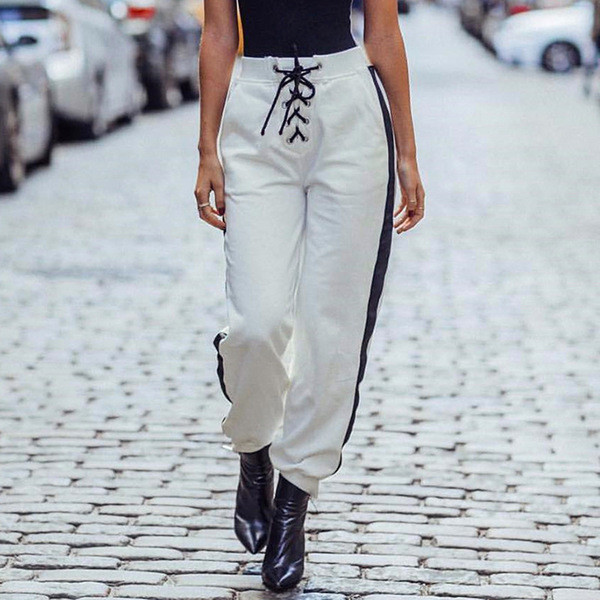 Pantaloni de damă sport-eleganți cu talie înaltă și element-legături