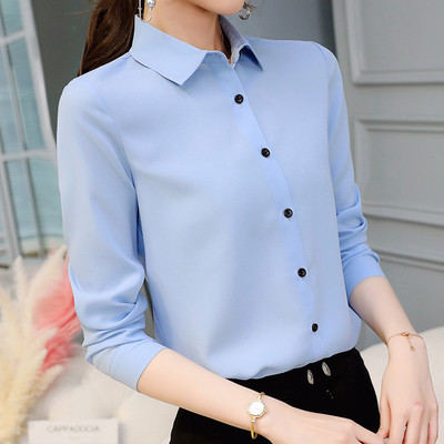 Дамска риза с дълъг ръкав от шифон в син цвят