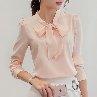 Елегантна дамска риза от шифон с дълъг ръкав и панделка в два цвята