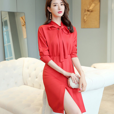 Νέο μοντέλο κομψή κυρία φόρεμα με μακριά μανίκια και κορδέλα σε δύο χρώματα