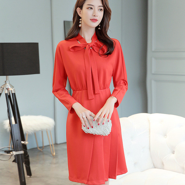 Νέο μοντέλο κομψή κυρία φόρεμα με μακριά μανίκια και κορδέλα σε δύο χρώματα