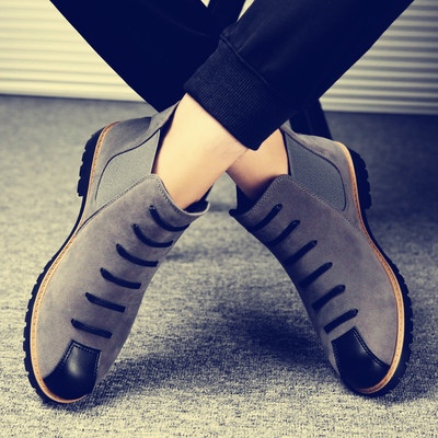 Стилни мъжки обувки без връзки от еко велур с елемент кожа 