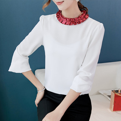 Елегантна дамска риза с дълъг ръкав в бял и зелен цвят с цветна яка