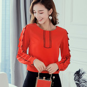 Κομψή γυναικεία μπλούζα με μακρύ μανίκι σιφόν σε κόκκινο, ροζ και λευκό χρώμα