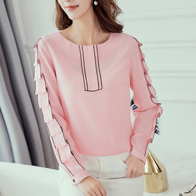 Κομψή γυναικεία μπλούζα με μακρύ μανίκι σιφόν σε κόκκινο, ροζ και λευκό χρώμα