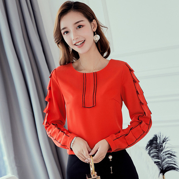 Κομψή γυναικεία μπλούζα με μακρύ μανίκι σιφόν σε κόκκινο, ροζ και λευκό χρώμα