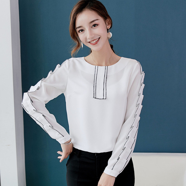 Κομψή γυναικεία μπλούζα με μακρύ μανίκι σιφόν σε κόκκινο, ροζ και λευκό χρώμα