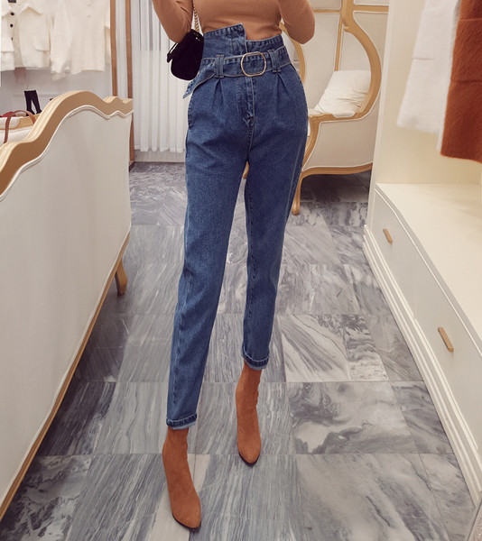 Дамски дънки с висока талия и колан