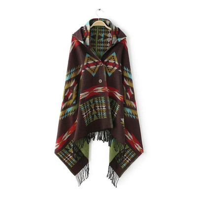 Дамско пончо с качулка и копчета в няколко цвята