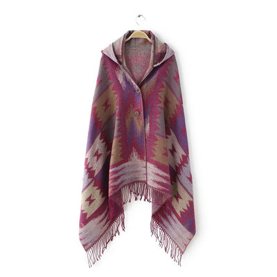 Дамско пончо с качулка и копчета в няколко цвята